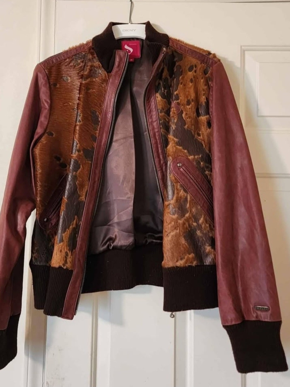 Davoucci Burgundy Leather and Brown Haircalf Mixed-Media Bomber Jacket Size 2XL